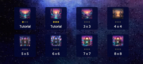 Tela de seleção de nível com dificuldades 3x3 a 8x8.