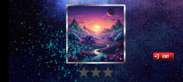 Tela de recompensa do puzzle concluído com efeitos visuais.